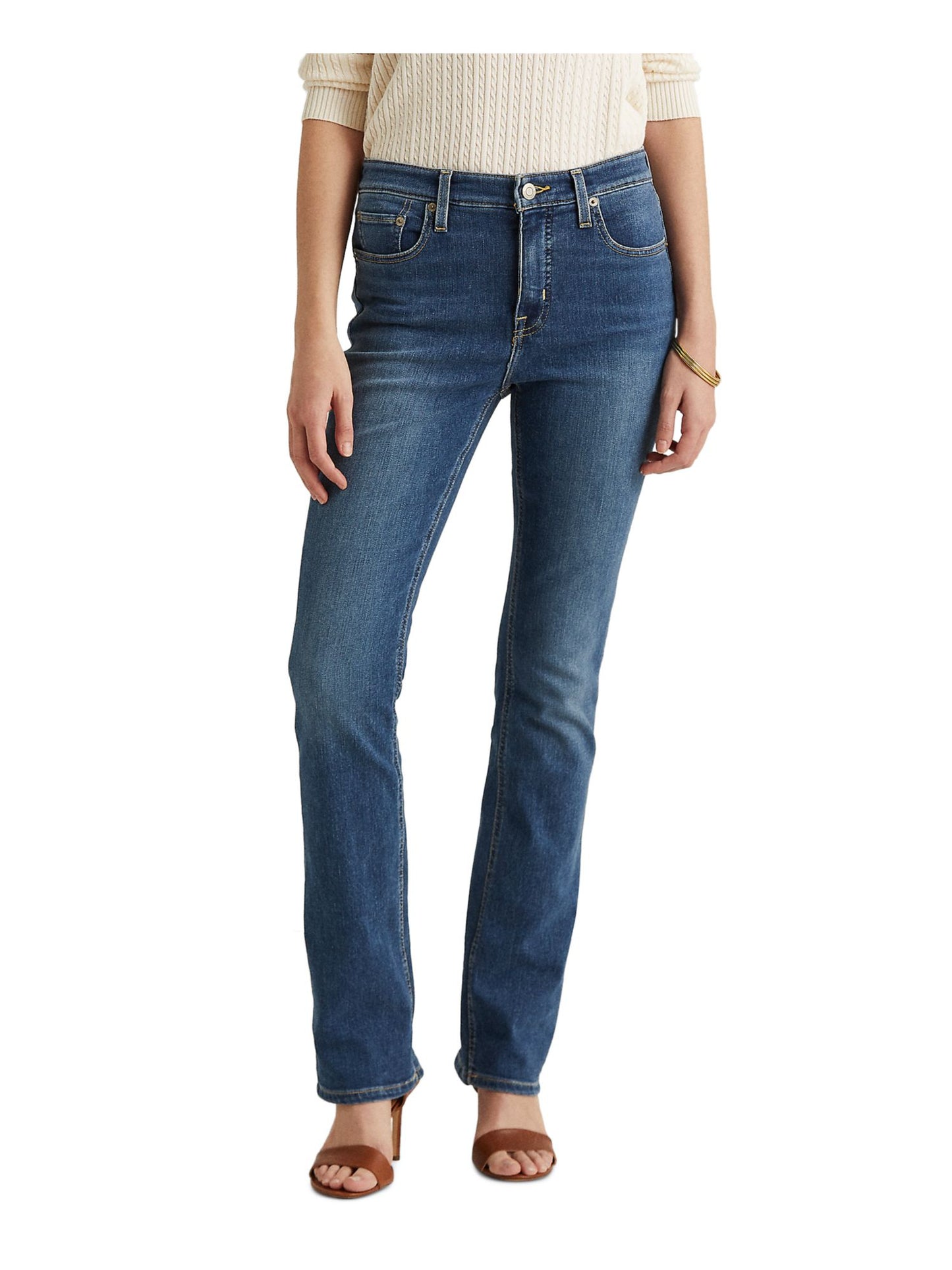 Ralph Lauren Women's Stretch Zippered Pocketed Boot Leg High Waist Jeans Blue Size 6 Petite