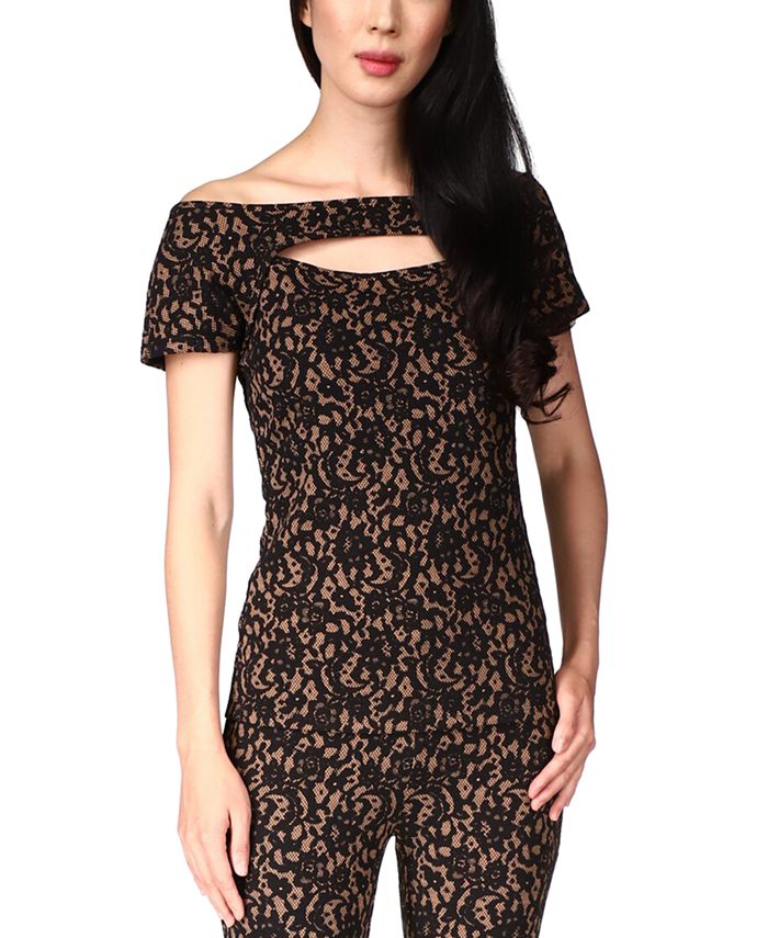 Michael Kors Women's Lace Off The Shoulder Top Brown Size Petite Large