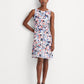Ralph Lauren Women's Jersey Ruched Fitted Lined Floral Sleeveless Jewel Neck Above The Knee Fit Flare Dress Blue Size 16