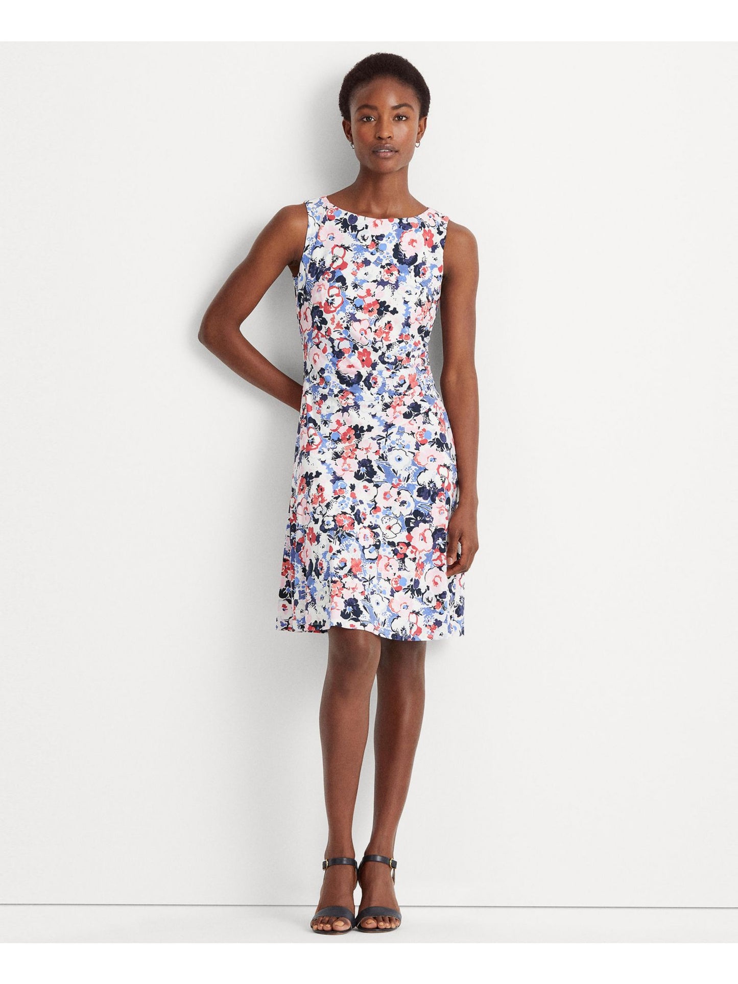 Ralph Lauren Women's Jersey Ruched Fitted Lined Floral Sleeveless Jewel Neck Above The Knee Fit Flare Dress Blue Size 16
