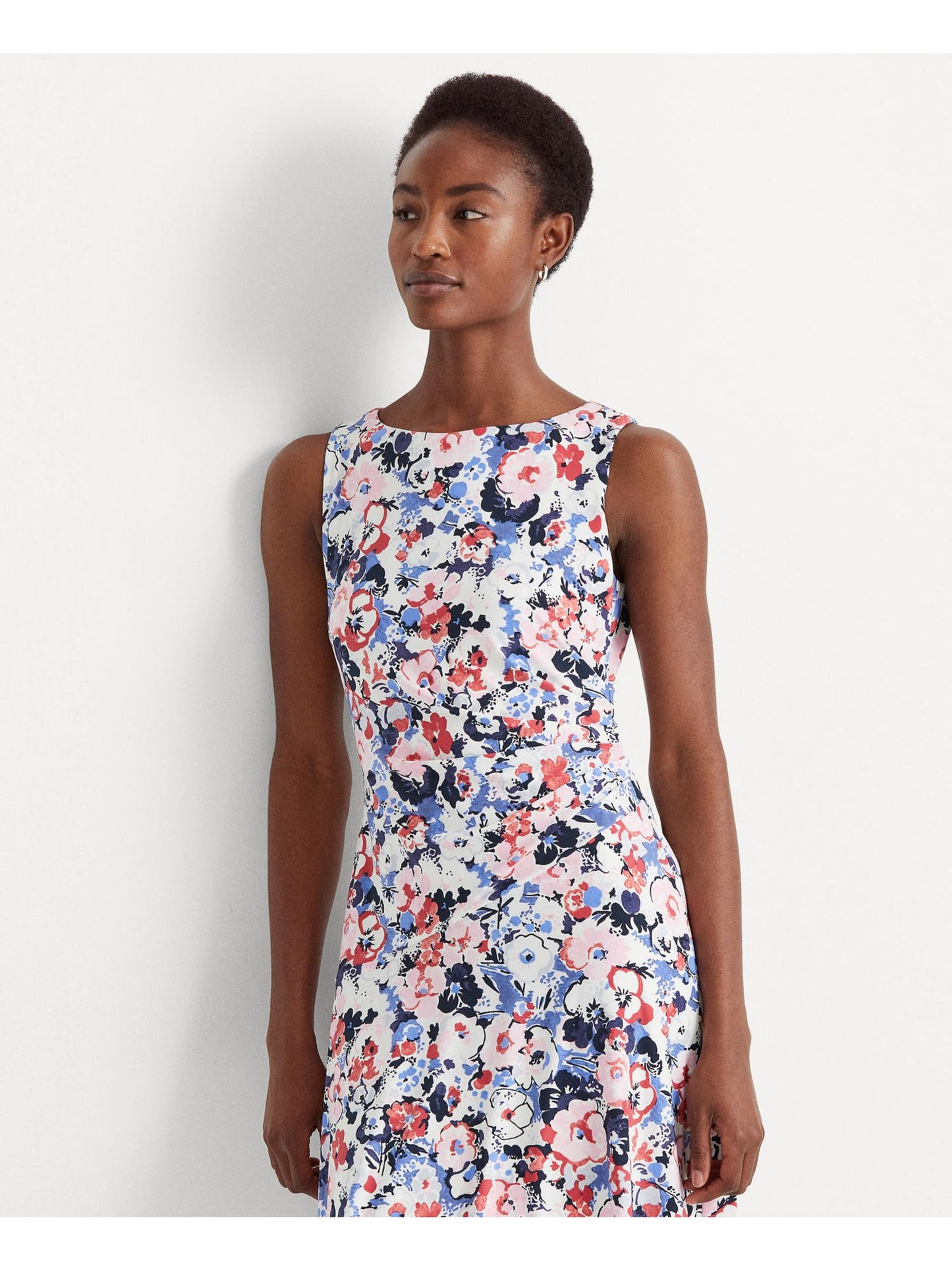 Ralph Lauren Women's Jersey Ruched Fitted Lined Floral Sleeveless Jewel Neck Above The Knee Fit Flare Dress Blue Size 16