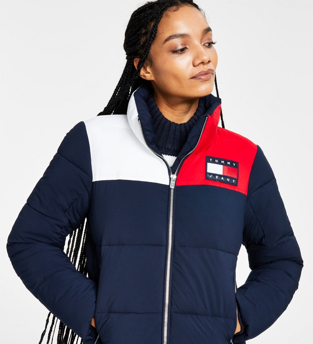 Tommy Jeans Women's Colorblocked Puffer Jacket Blue Size X-Large