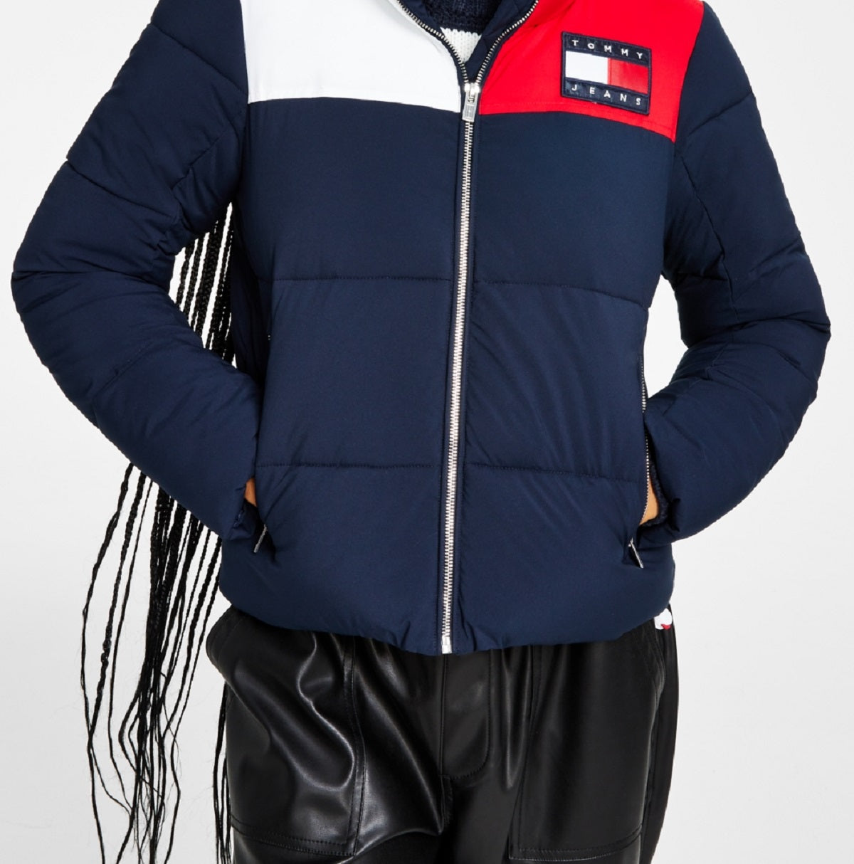 Tommy Jeans Women's Colorblocked Puffer Jacket Blue Size X-Large
