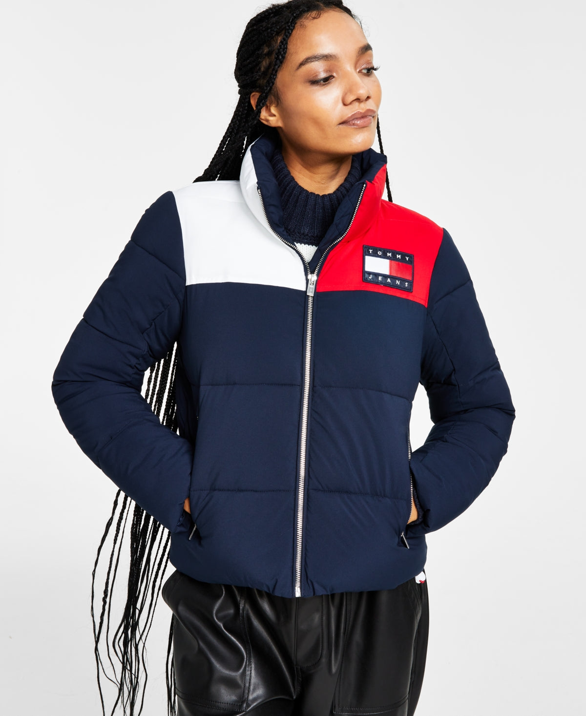Tommy Jeans Women's Colorblocked Puffer Jacket Blue Size X-Large