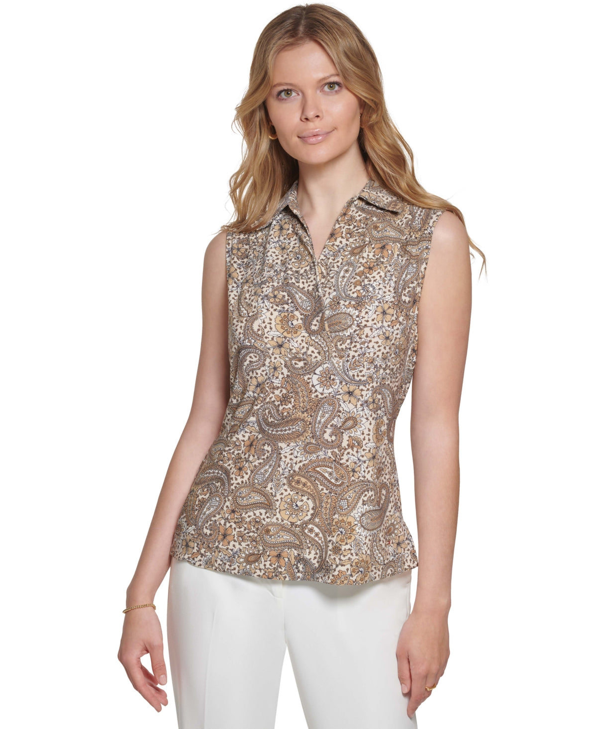 Tommy Hilfiger Women's Printed Sleeveless Top Brown Size X-Small