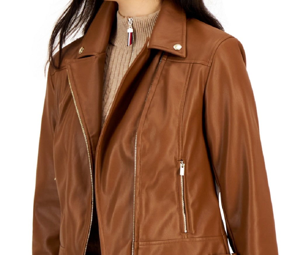 Tommy Hilfiger Women's Faux Leather Moto Jacket Brown Size X Large