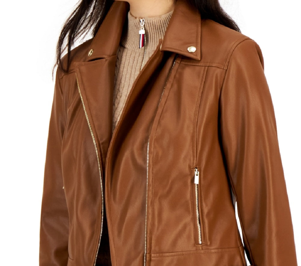 Tommy Hilfiger Women's Faux Leather Moto Jacket Brown Size Large