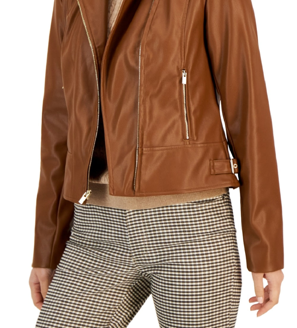 Tommy Hilfiger Women's Faux Leather Moto Jacket Brown Size Large