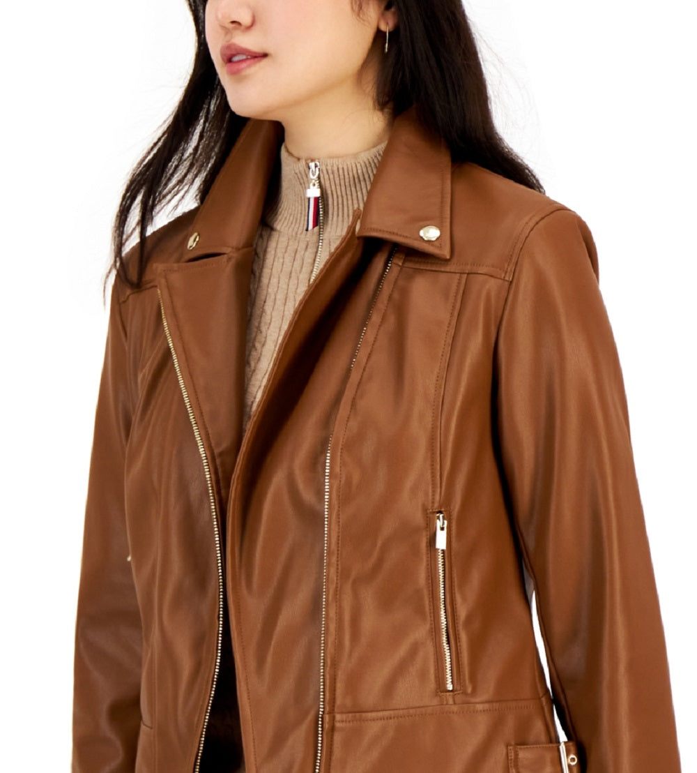 Tommy Hilfiger Women's Faux Leather Moto Jacket Brown Size Medium