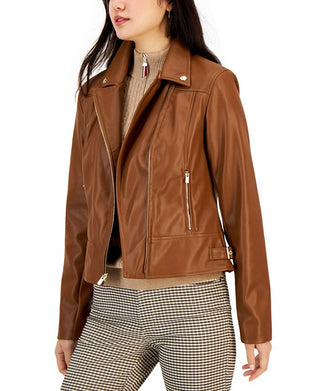 Tommy Hilfiger Women's Faux Leather Moto Jacket Brown Size X Small