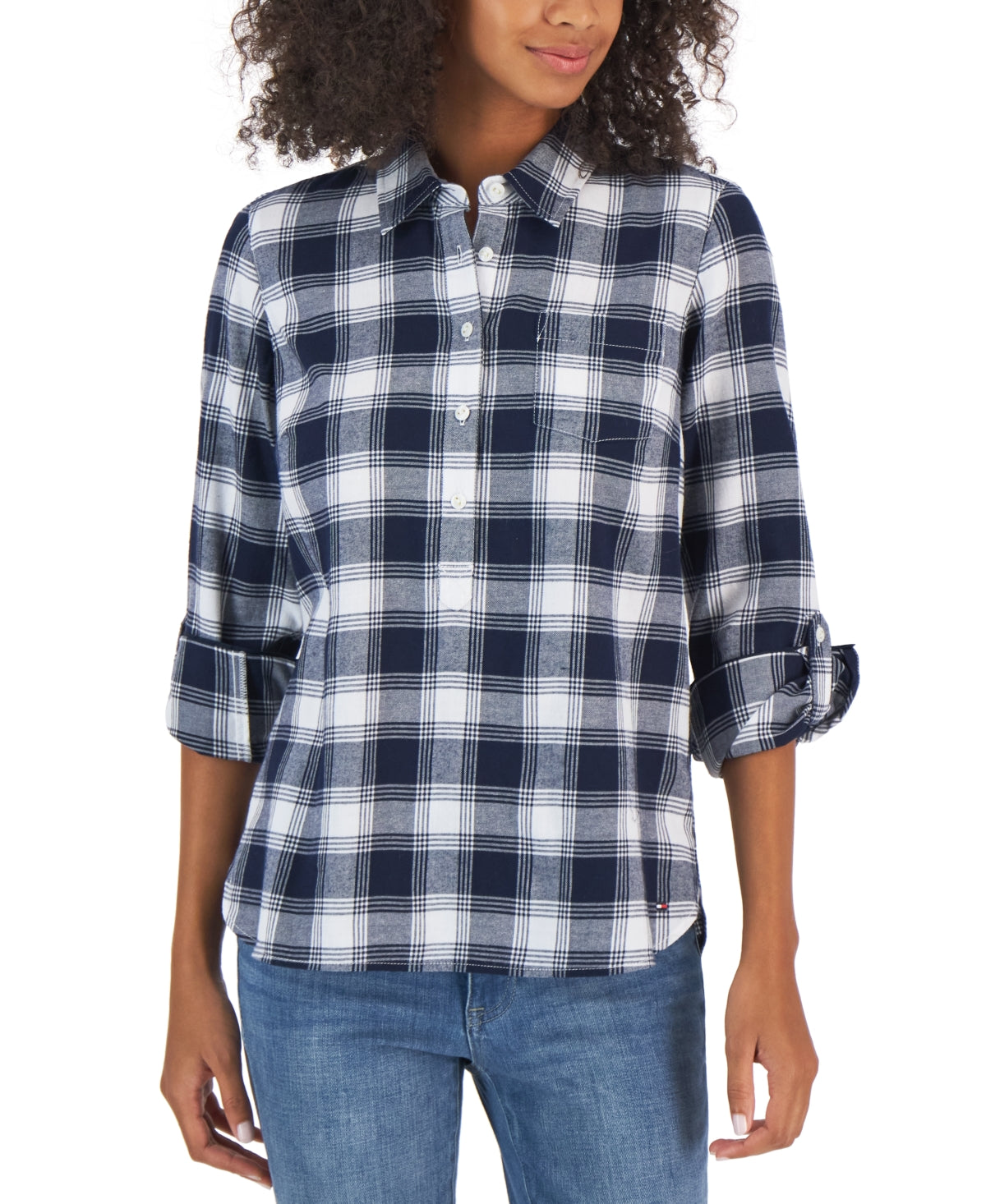 Tommy Hilfiger Women's Patch Pocket 5 Button Top Blue Size Small