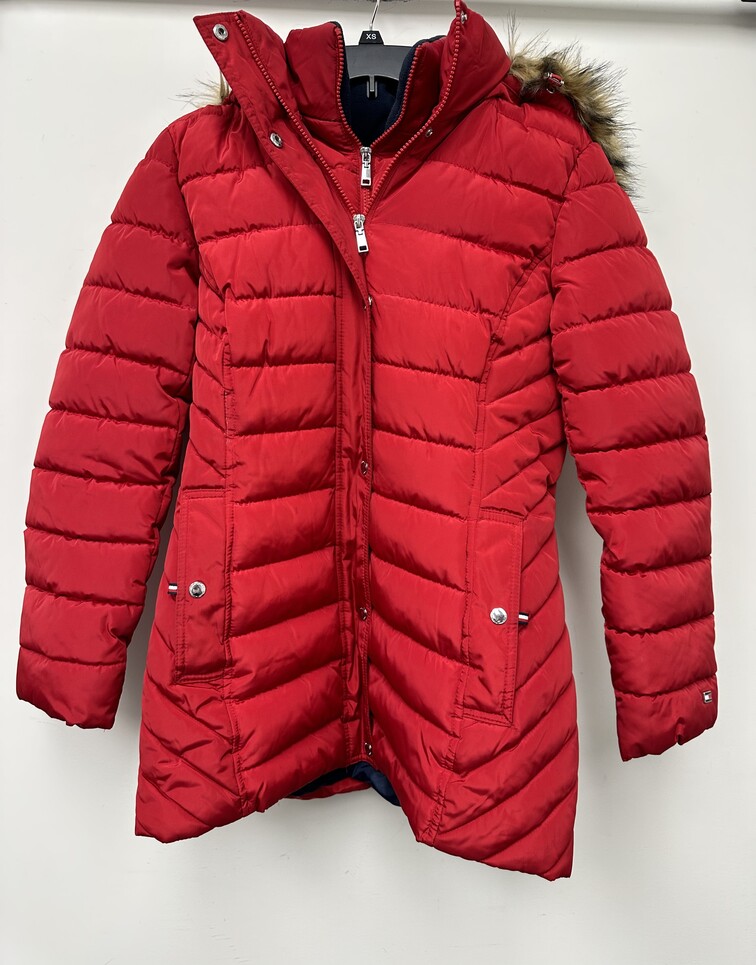 Tommy Hilfiger Women's Faux Fur Trim Hooded Puffer Coat Red Size Small