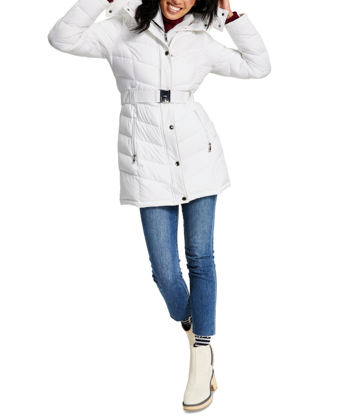 Tommy Hilfiger Women's Belted Faux Fur Trim Hooded Puffer Coat White Size Medium