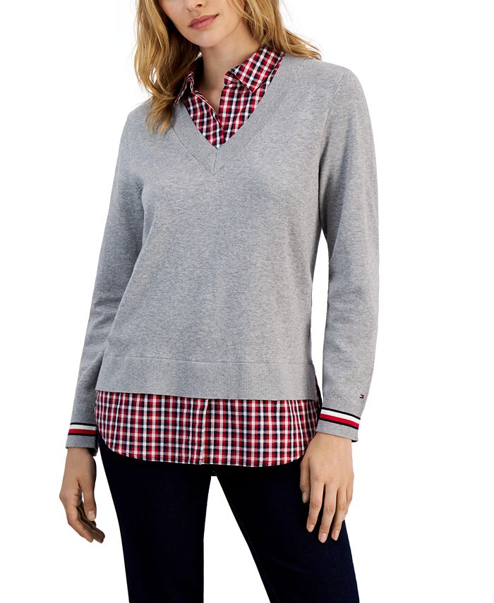 Tommy Hilfiger Women's Cotton Layered Look Sweater Gray