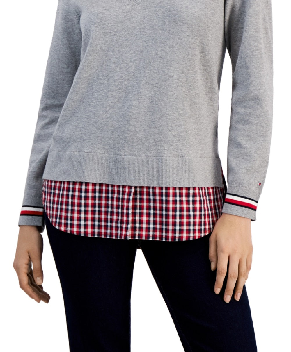 Tommy Hilfiger Women's Cotton Layered Look Sweater Gray