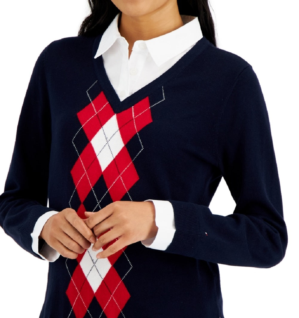Tommy Hilfiger Women's Cotton Argyle Print Layered Look Sweater Blue Size X-Small