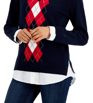 Tommy Hilfiger Women's Cotton Argyle Print Layered Look Sweater Blue Size X-Small