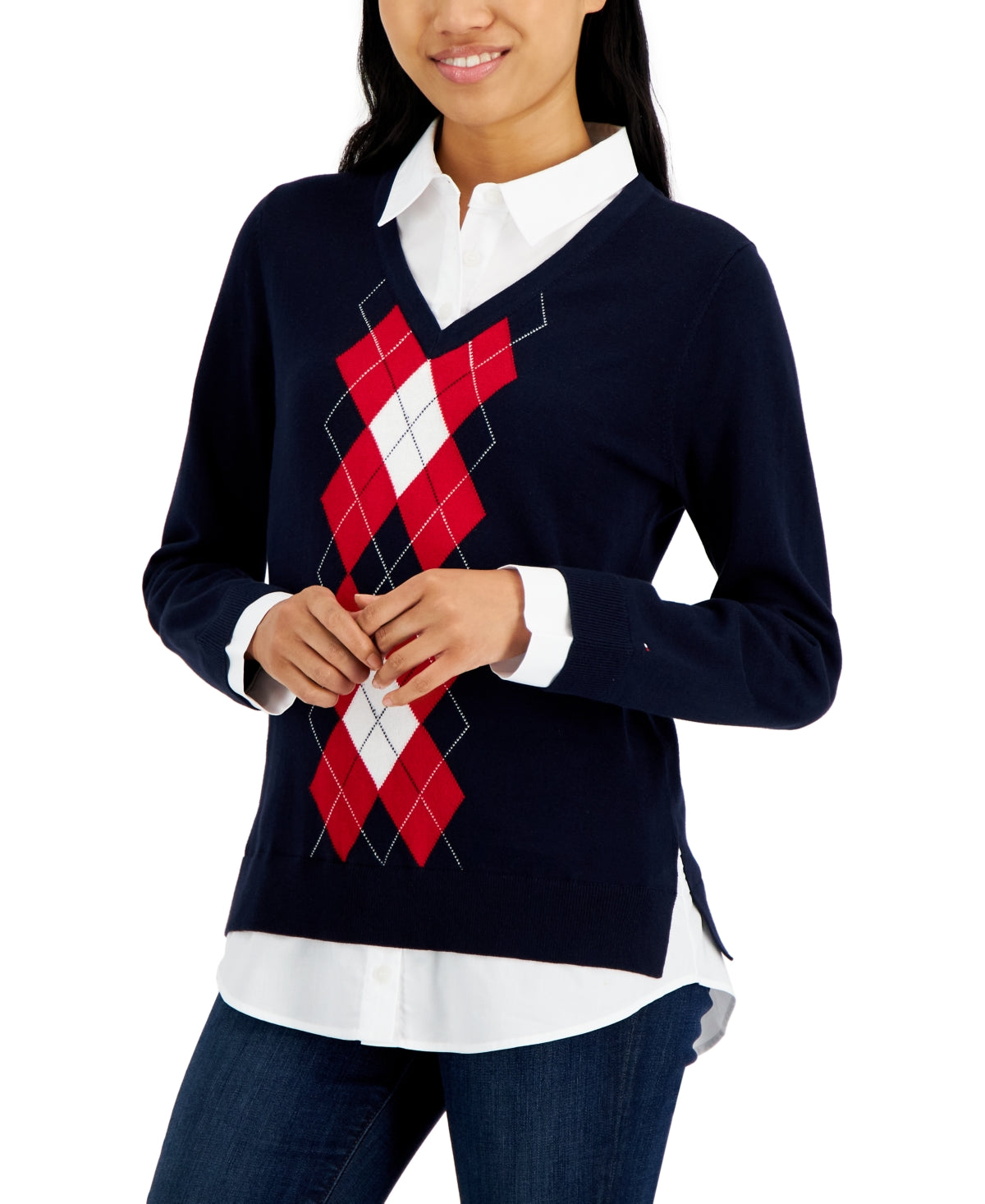 Tommy Hilfiger Women's Cotton Argyle Print Layered Look Sweater Blue Size X-Small