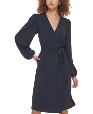 Tommy Hilfiger Women's Faux Wrap Blouson Sleeve Midi Dress Blue Size 8