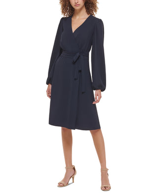 Tommy Hilfiger Women's Faux Wrap Blouson Sleeve Midi Dress Blue Size 8
