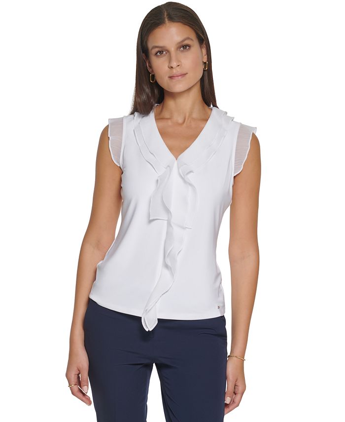 Tommy Hilfiger Women's Mixed Media Ruffle Top White Size Medium
