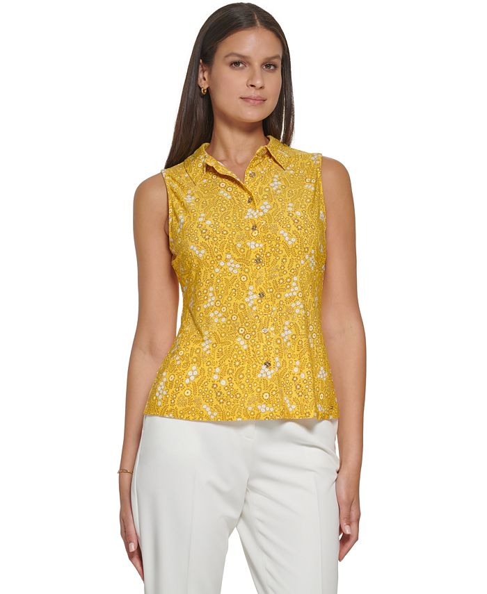 Tommy Hilfiger Women's Floral Print Button FronT-Shirt Yellow Size Large