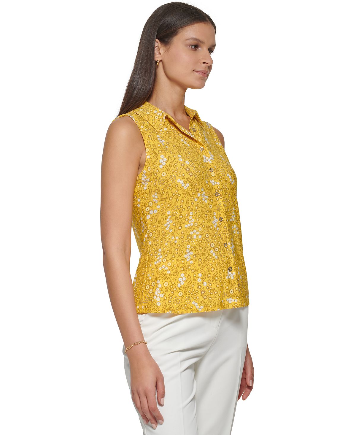 Tommy Hilfiger Women's Floral Print Button FronT-Shirt Yellow Size Large
