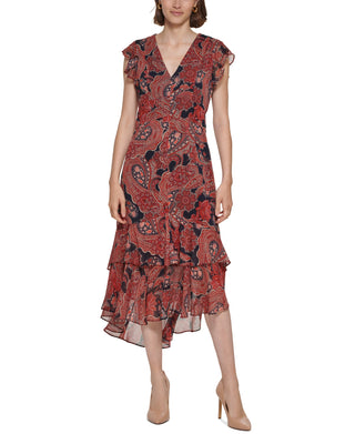 Tommy Hilfiger Women's Paisley Flutter Sleeve Dress Red Size 14