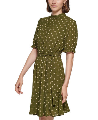 Tommy Hilfiger Women's Polka Dot Mock Neck Dress Green Size 14