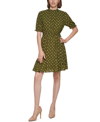 Tommy Hilfiger Women's Polka Dot Mock Neck Dress Green Size 14