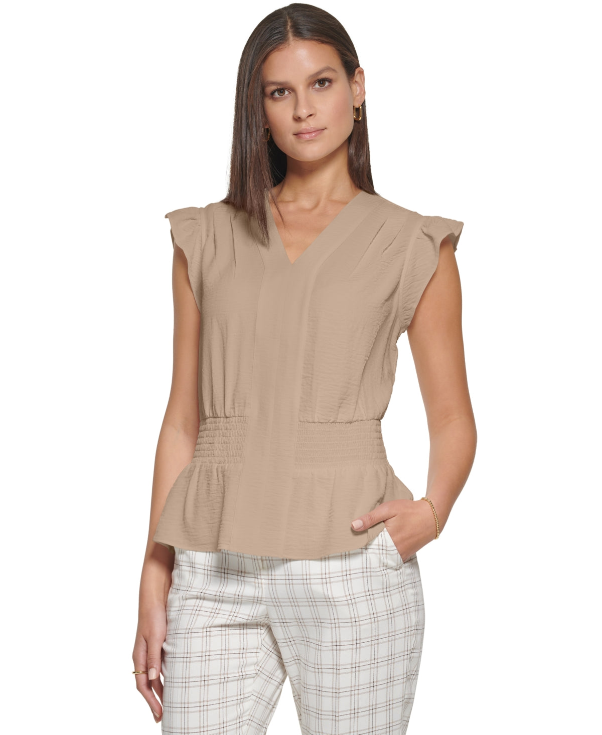 Tommy Hilfiger Women's Crinkled Ruffled Smocked Blouse Brown Size X-Large