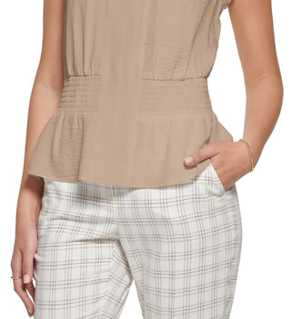 Tommy Hilfiger Women's Crinkled Ruffled Smocked Blouse Brown Size X-Large