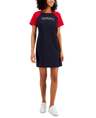 Tommy Hilfiger Women's Colorblocked Metallic Logo Dress Blue Size Large
