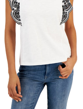 Tommy Hilfiger Women's Cotton Eyelet Flutter Sleeve Top White Size Medium