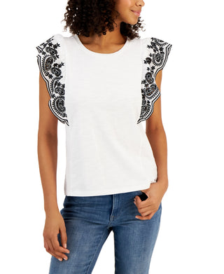 Tommy Hilfiger Women's Cotton Eyelet Flutter Sleeve Top White Size Medium