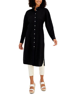 Tommy Hilfiger Women's Cotton Eyelet Tunic Shirt Black Size Medium