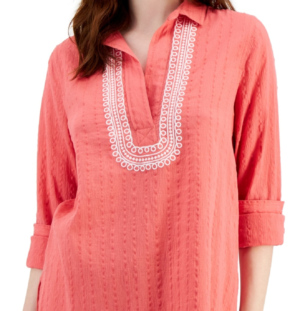 Tommy Hilfiger Women's Embroidered Textured Tunic Top Orange Size Large