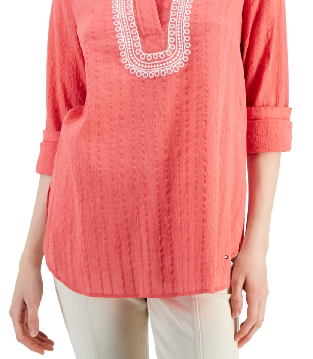 Tommy Hilfiger Women's Embroidered Textured Tunic Top Orange Size Large