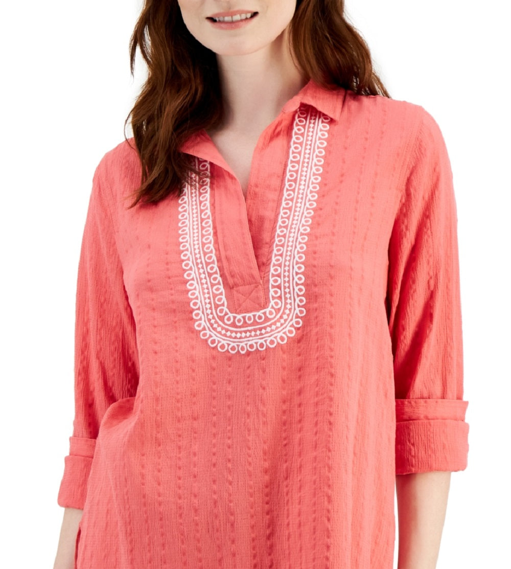 Tommy Hilfiger Women's Embroidered Textured Tunic Top Orange Size Small
