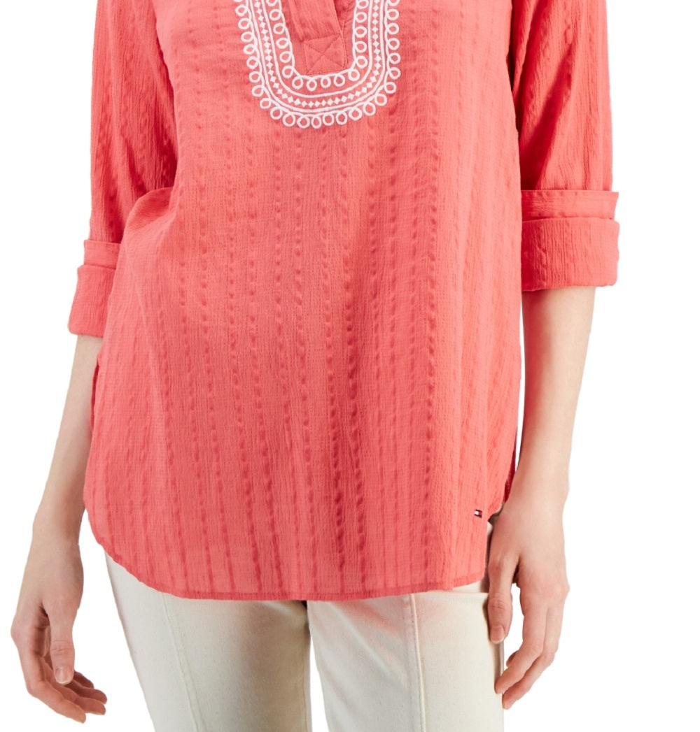 Tommy Hilfiger Women's Embroidered Textured Tunic Top Orange Size Small