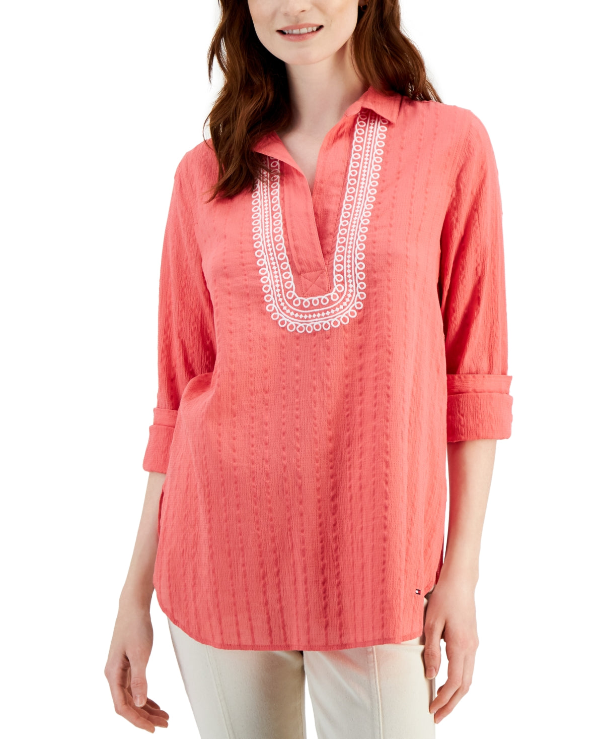 Tommy Hilfiger Women's Embroidered Textured Tunic Top Orange Size Small