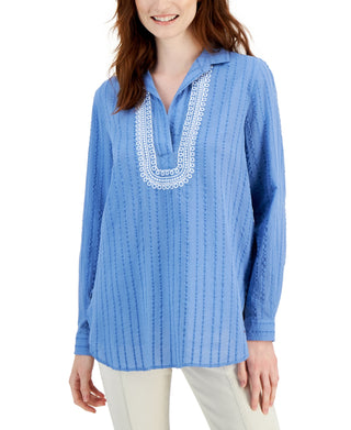 Tommy Hilfiger Women's Embroidered Textured Tunic Top Blue Size Small