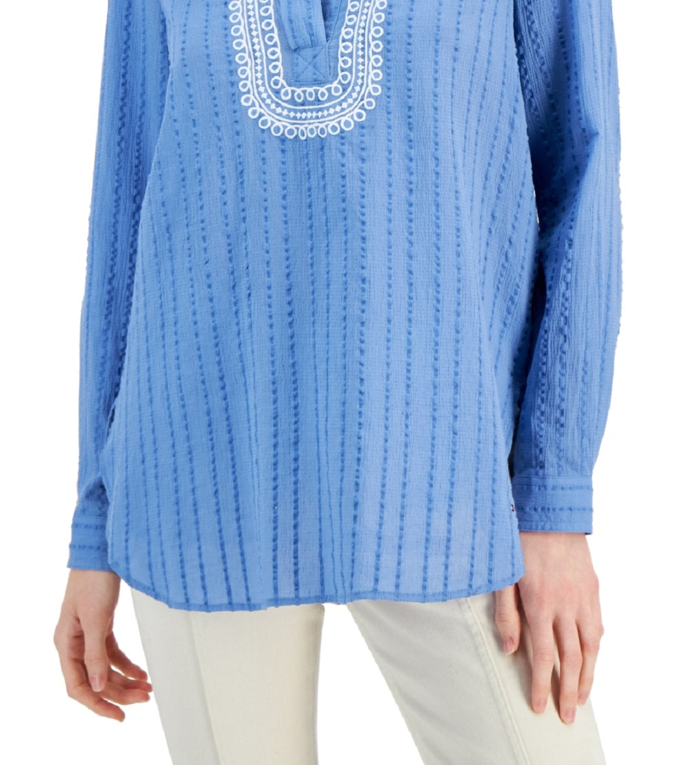 Tommy Hilfiger Women's Embroidered Textured Tunic Top Blue Size Small