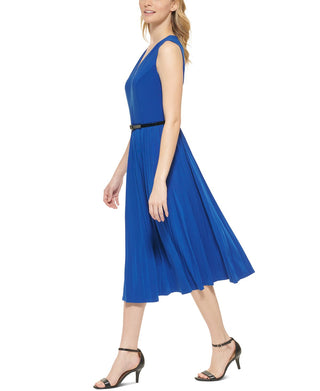 Tommy Hilfiger Women's Belted Pleated Midi Dress Blue Size 8