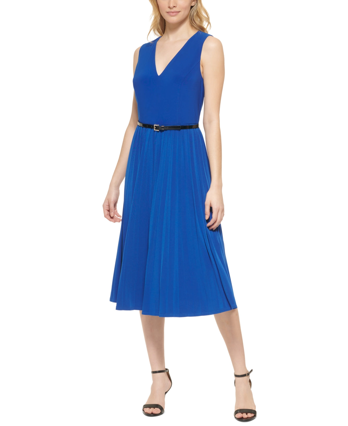 Tommy Hilfiger Women's Belted Pleated Midi Dress Blue Size 8