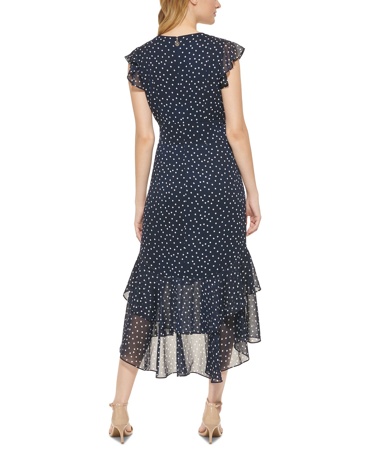 Tommy Hilfiger Women's Polka Dot High Low Midi Dress Blue Size 4Petite