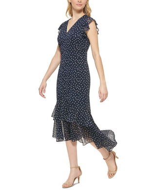 Tommy Hilfiger Women's Polka Dot High Low Midi Dress Blue Size 4Petite