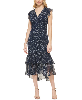 Tommy Hilfiger Women's Polka Dot High Low Midi Dress Blue Size 4Petite