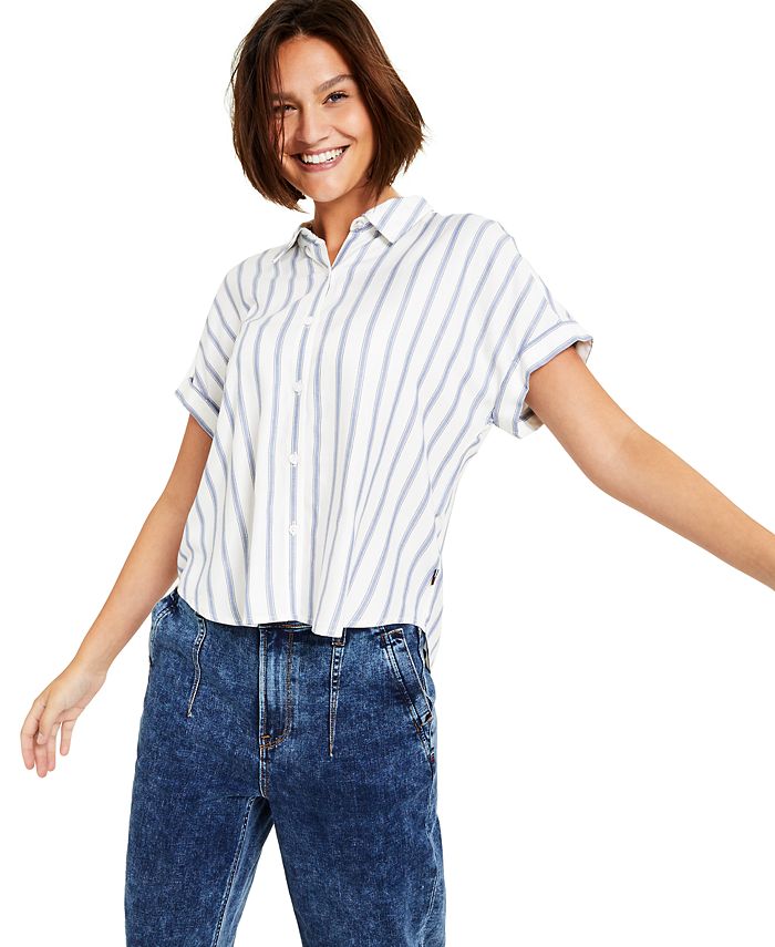 Tommy Jeans Women's Striped Button Front Top Blue Size Medium