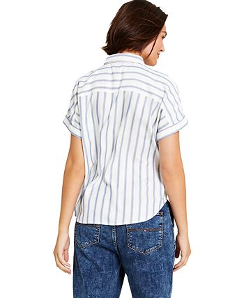 Tommy Jeans Women's Striped Button Front Top Blue Size Medium